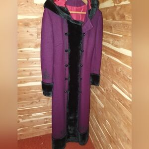Vintage 80s Long Purple Faux Fur-Trim Coat - Women